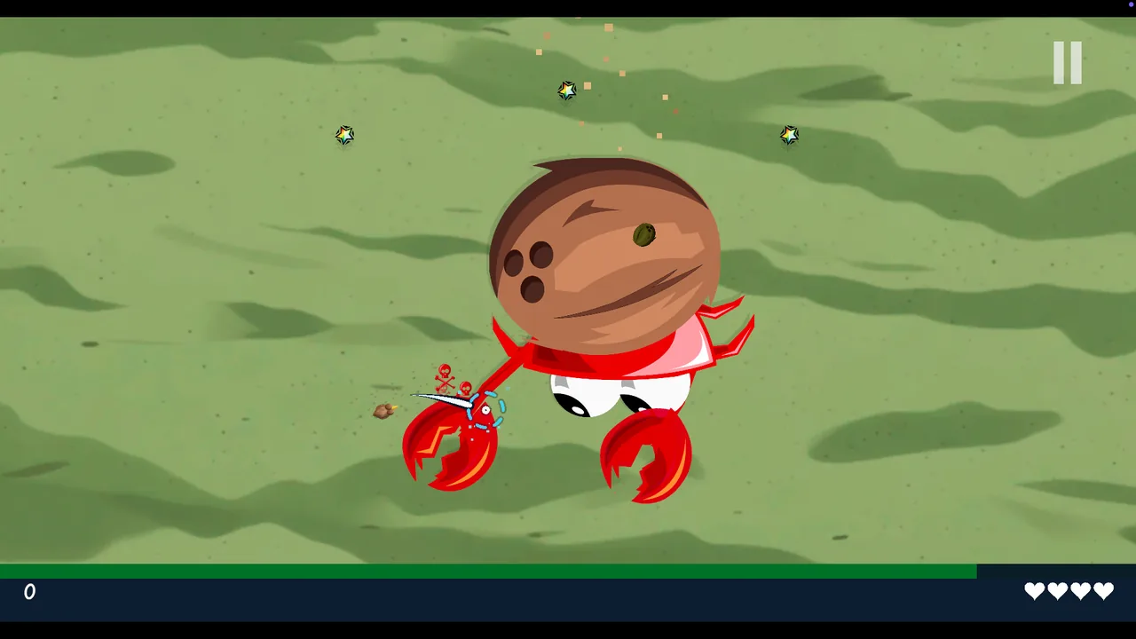 A boss fight against a crab wearing a coconut